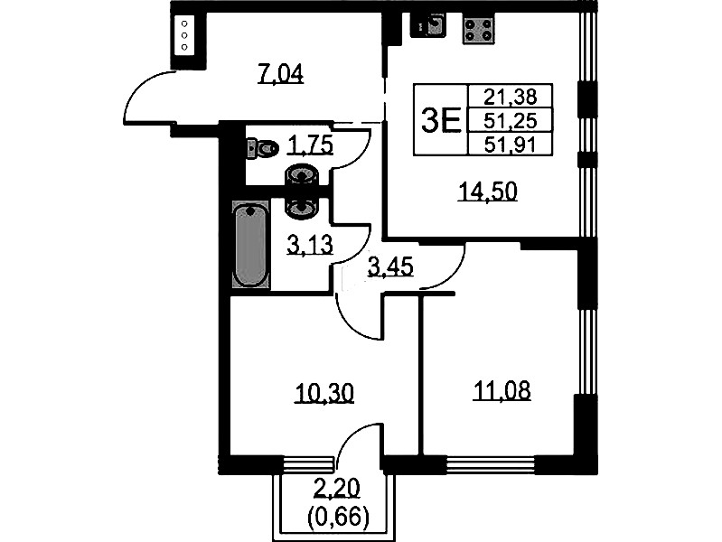 2-комнатная квартира 51.91 м², 4/17 эт., ЖК «Невская Долина»